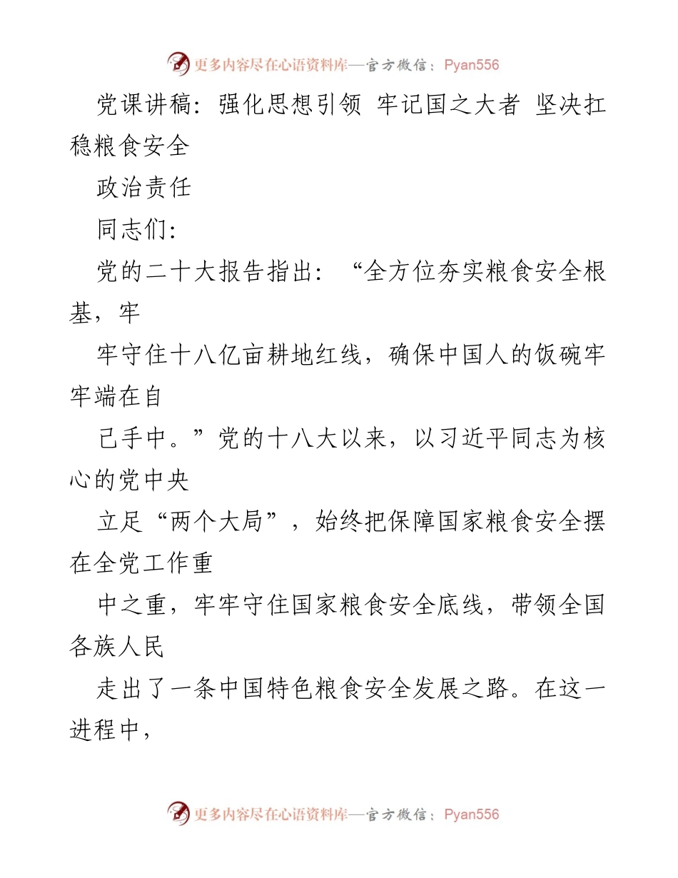 [发言] 党课 - 强化粮食安全意识 牢记国家责任.docx_第1页