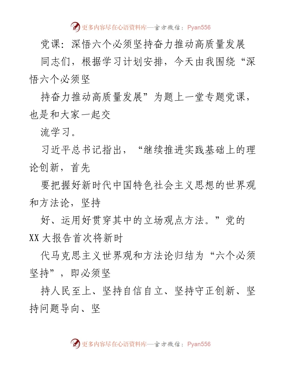 [发言] 党课 - 深悟六个必须坚持，推动高质量发展_1.docx_第1页