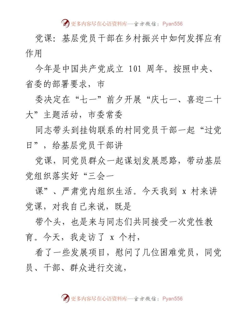 [发言] 党课 - 基层党员干部在乡村振兴中的使命与责任_1.docx_第1页