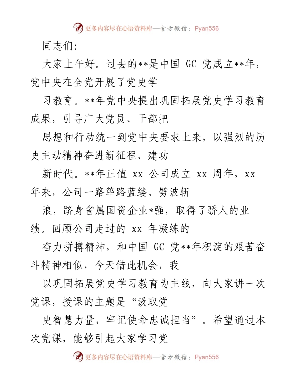 [发言] 党课 - 汲取党史智慧力量，牢记使命忠诚担当_1.docx_第1页