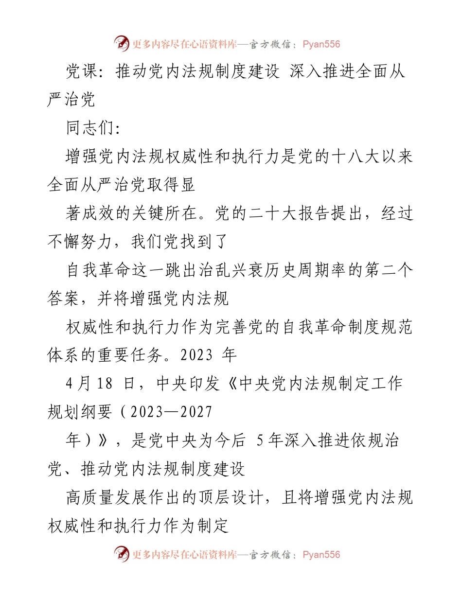 [发言] 党课 - 推动党内法规制度建设，增强执行力以全面从严治党.docx_第1页