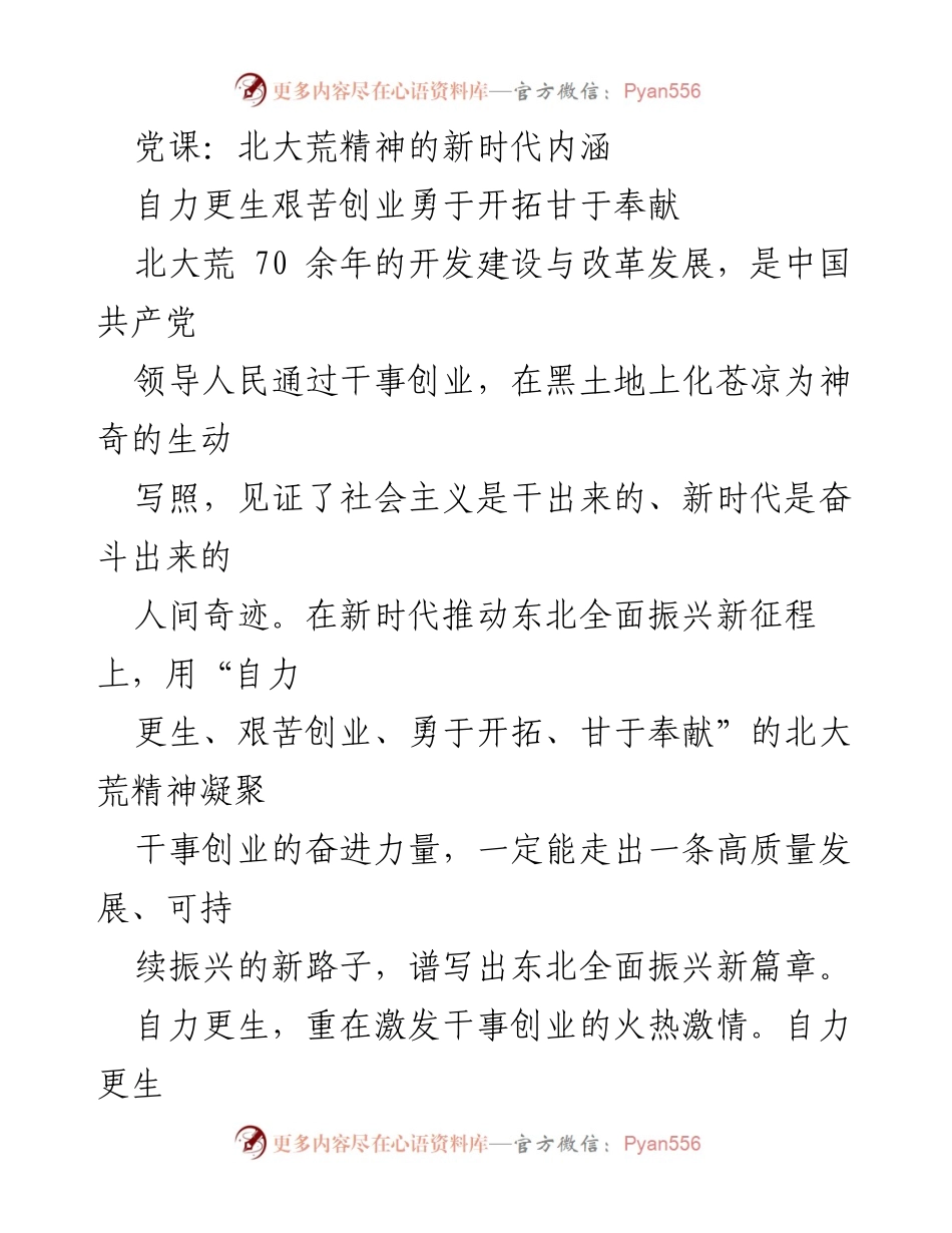 [发言] 党课 - 弘扬北大荒精神，推动新时代东北振兴.docx_第1页