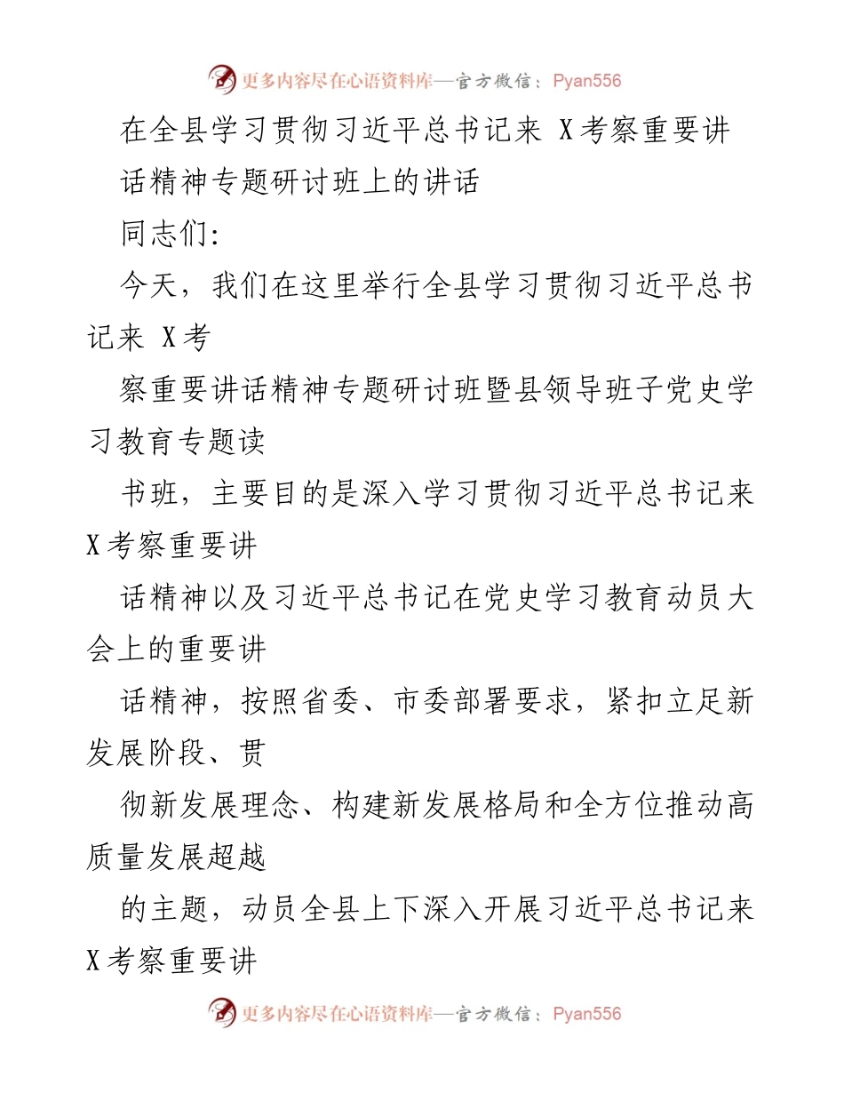 [发言] 全县学习贯彻习近平总书记来X考察重要讲话精神专题研讨班 - 深入学习贯彻习近平总书记重要讲话精神，推动高质量发展.docx_第1页