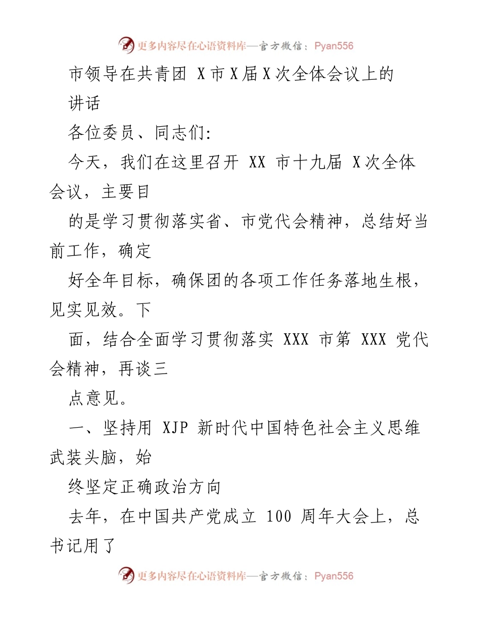 [发言] 全体会议 - 市领导在共青团全体会议上的讲话.docx_第1页