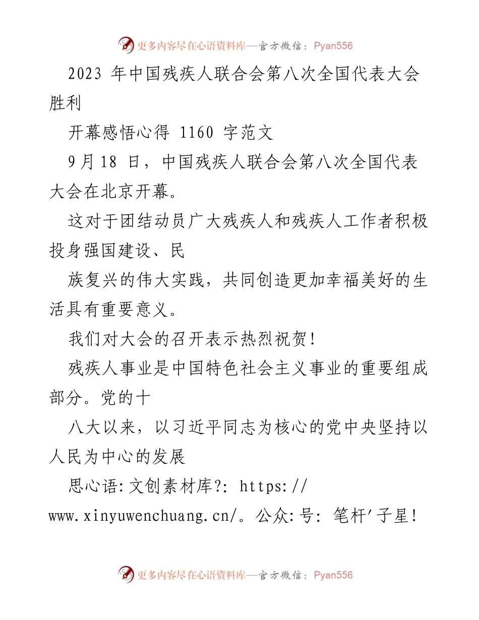 [发言] 全国代表大会 - 2023年全国残疾人代表大会开幕感悟与展望.docx_第1页