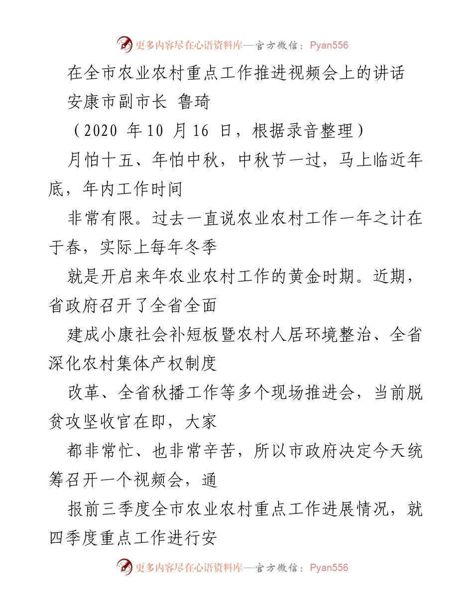 [发言] 全市农业农村重点工作推进视频会 - 强调当前农业农村工作的重要性与紧迫性.docx_第1页