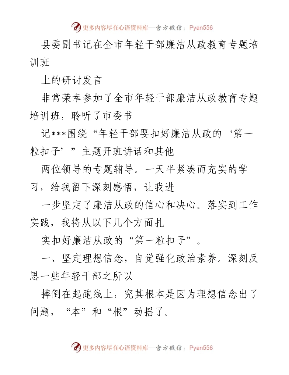 [发言] 全市年轻干部廉洁从政教育专题培训班 - 扣好廉洁从政的“第一粒扣子”.docx_第1页