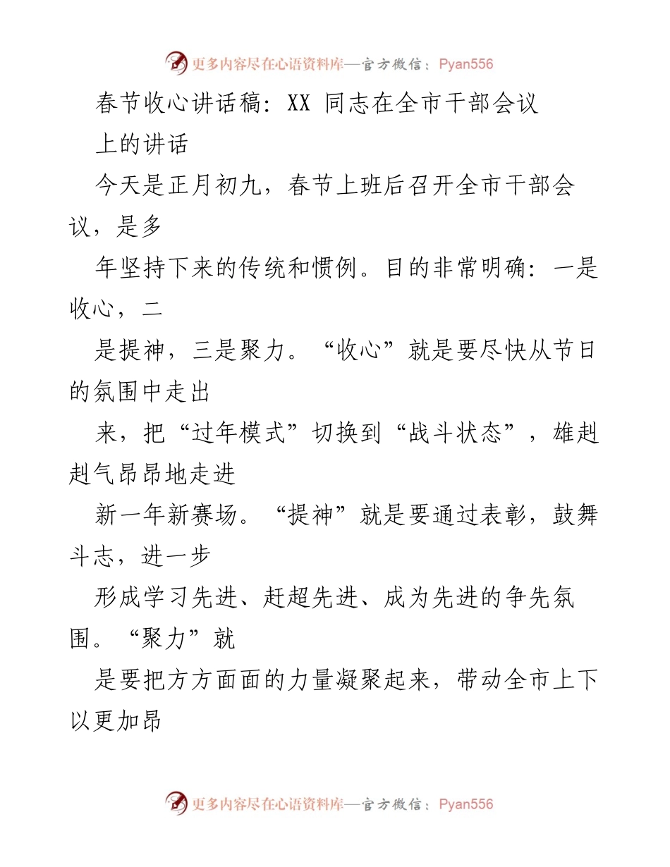 [发言] 全市干部会议 - 春节收心讲话：奋力开启新一年新征程.docx_第1页