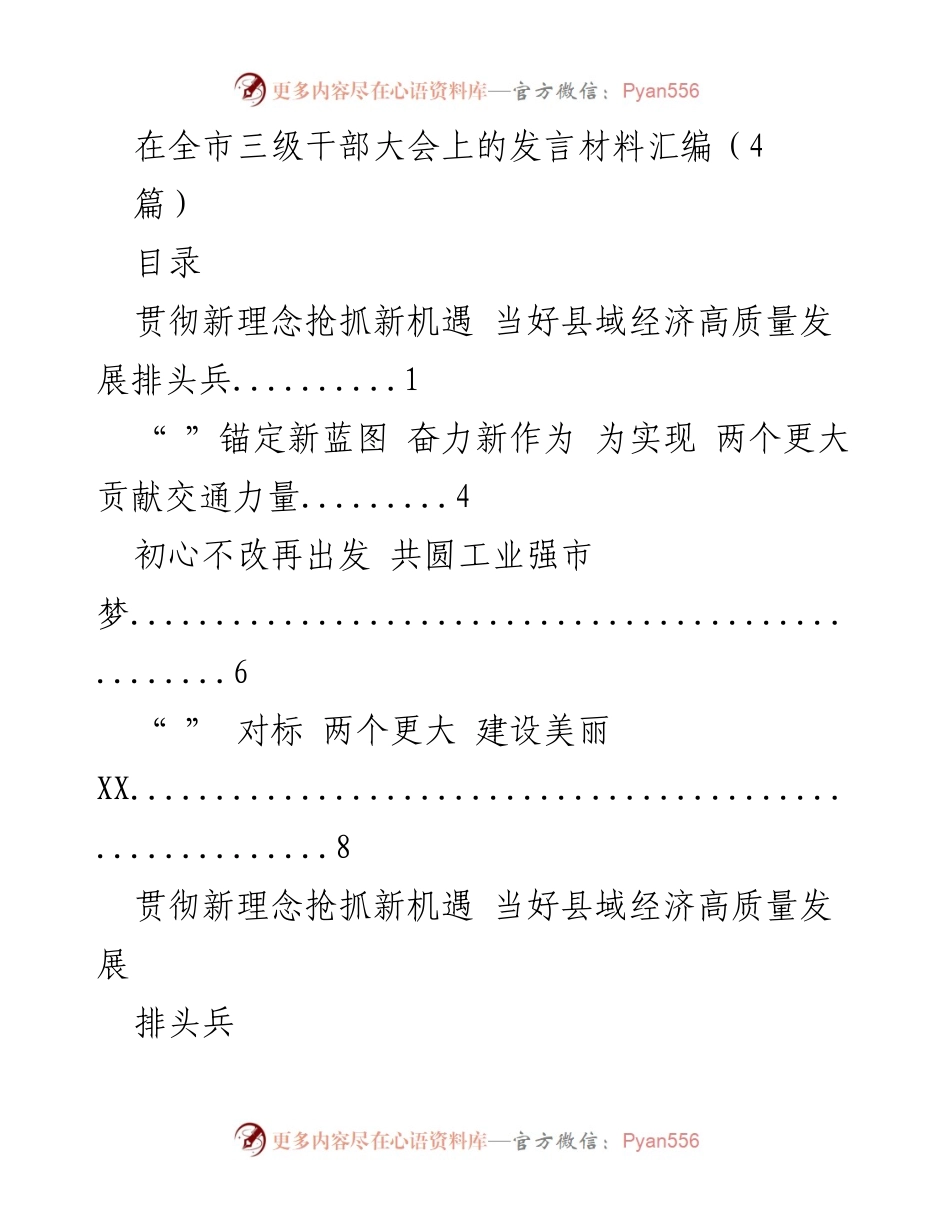 [发言] 全市三级干部大会 - 贯彻新理念，抢抓新机遇，推动高质量发展.docx_第1页