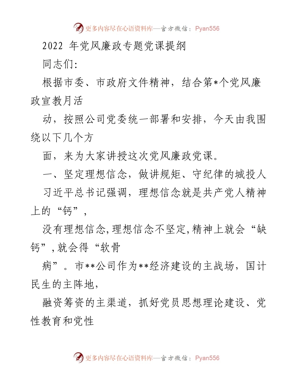 [发言] 党风廉政专题党课 - 坚守理想信念，推动城投公司发展.docx_第1页
