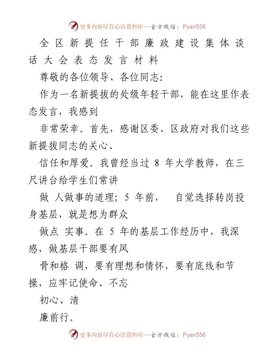 [发言] 全区新提任干部廉政建设集体谈话大会 - 新提拔干部的廉政承诺与自律反思.docx_第1页