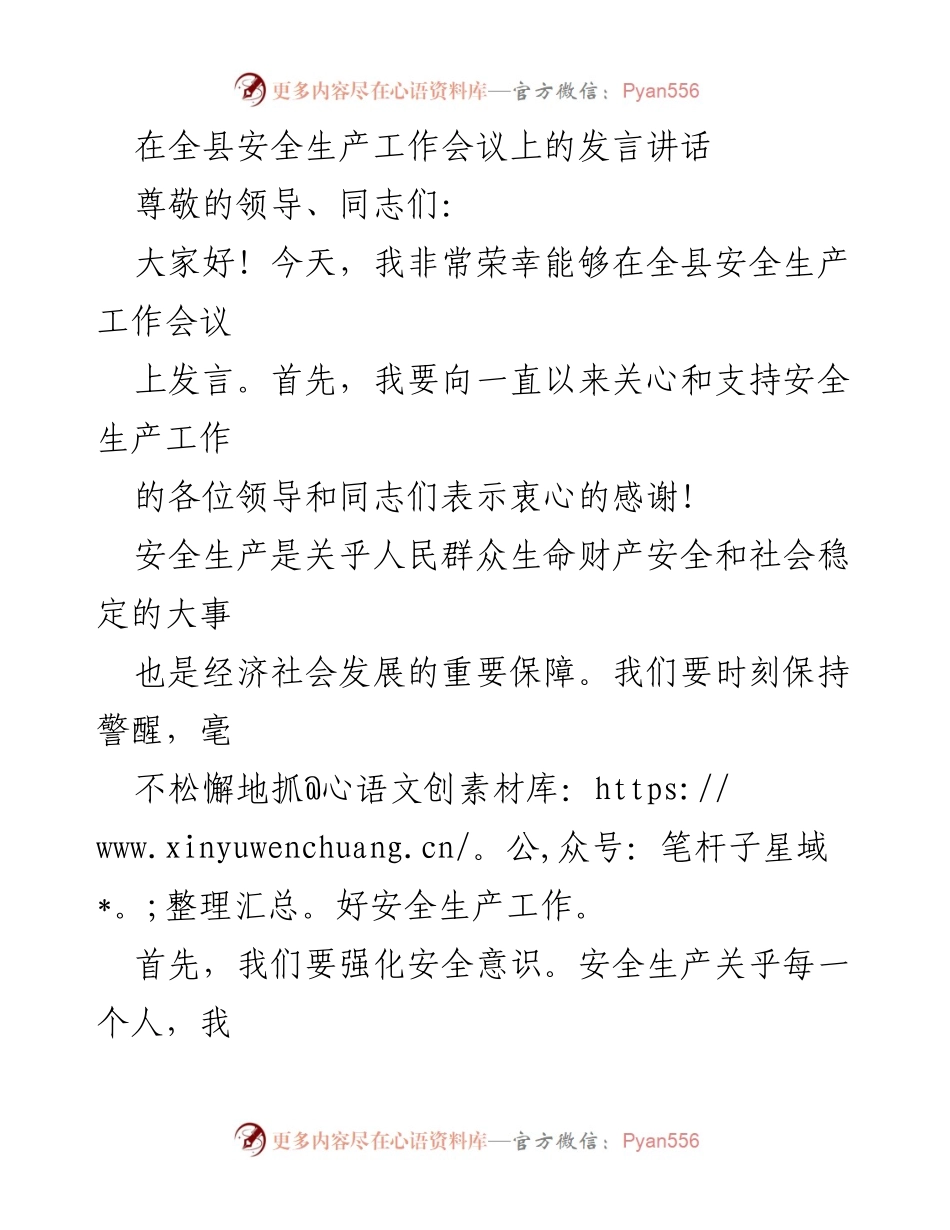 [发言] 全县安全生产工作会议 - 加强安全生产意识，落实责任与隐患治理.docx_第1页