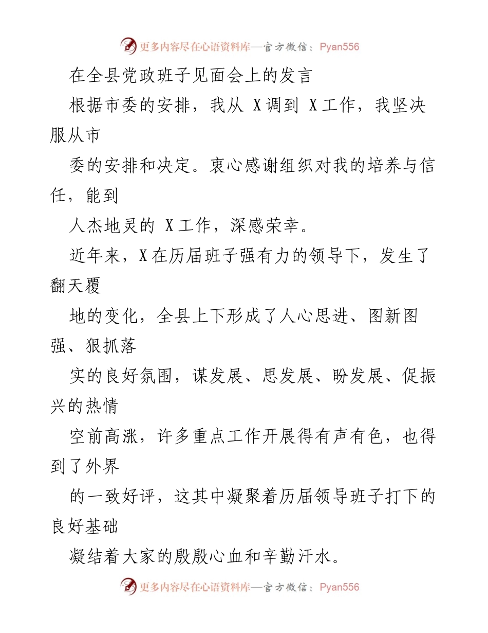 [发言] 全县党政班子见面会 - 坚定信念，共谋发展：在全县党政班子见面会上的发言.docx_第1页