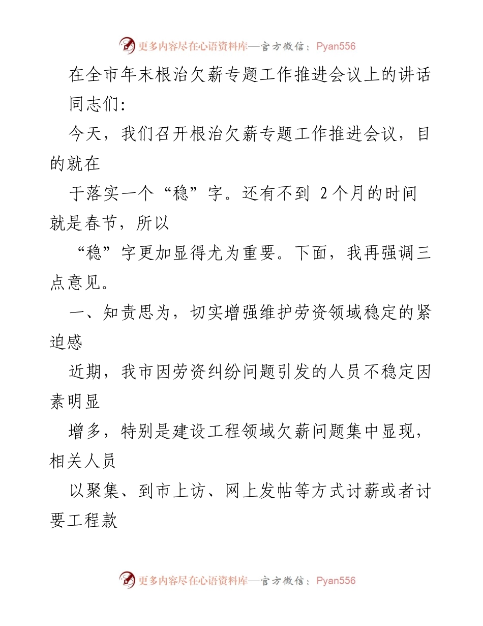 [发言] 全市年末根治欠薪专题工作推进会议 - 确保春节前根治欠薪工作落实与稳定.docx_第1页