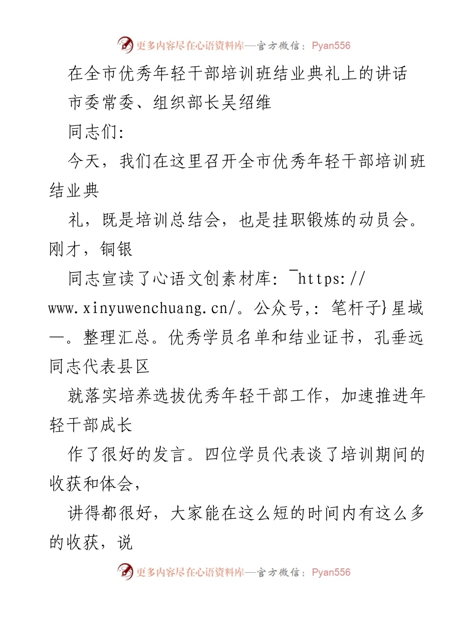 [发言] 全市优秀年轻干部培训班结业典礼 - 培养优秀年轻干部的重要性与期望.docx_第1页