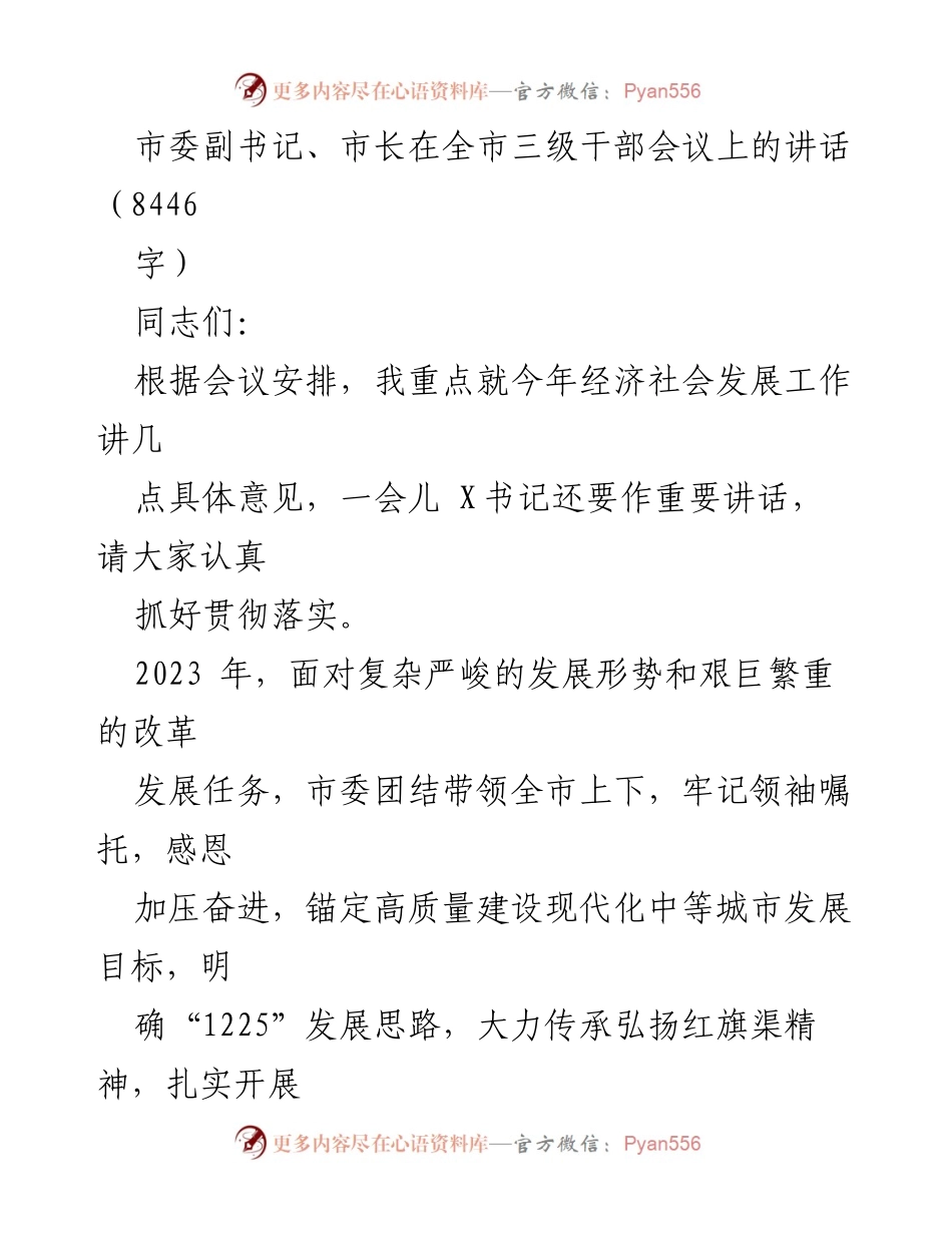 [发言] 全市三级干部会议 - 2023年经济社会发展工作的总体部署与成效.docx_第1页