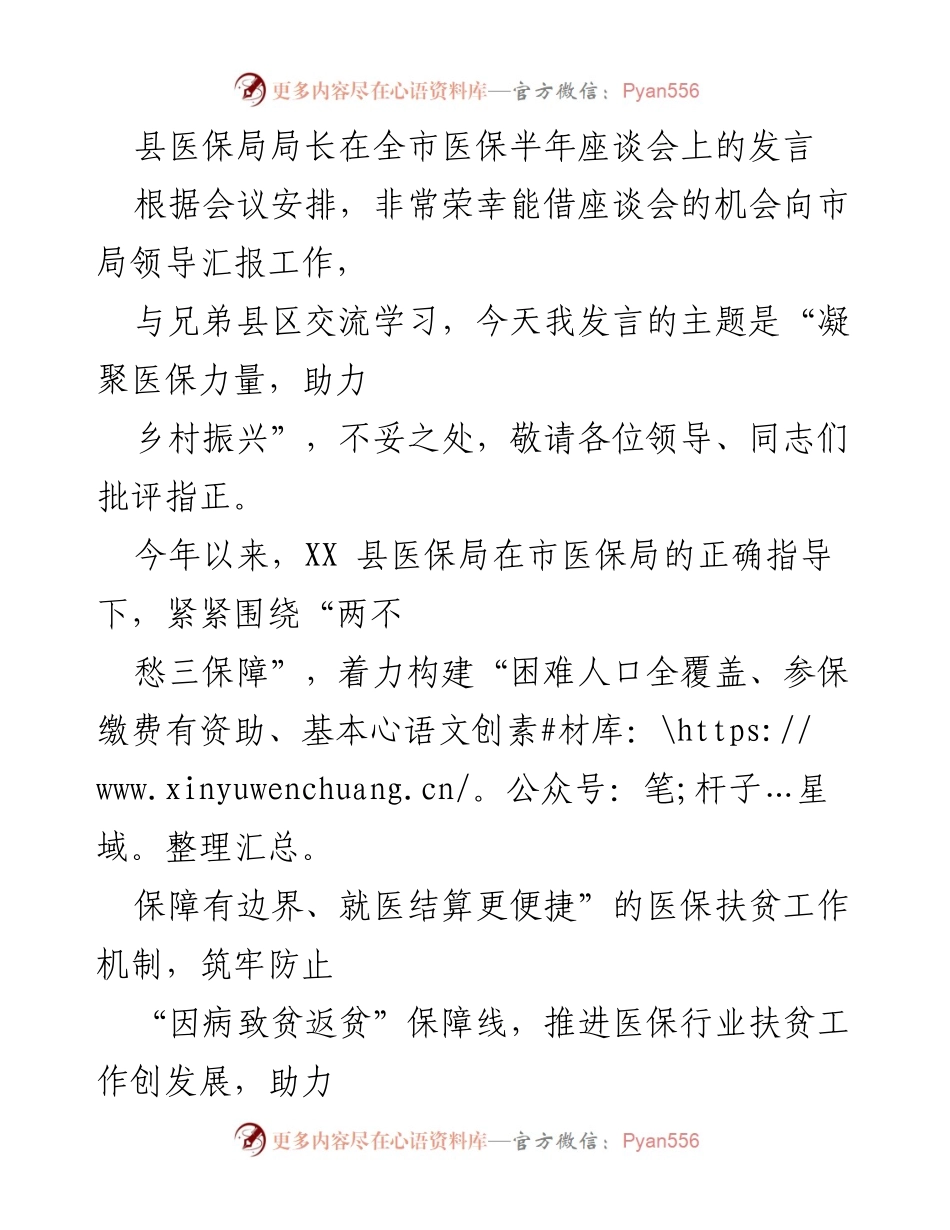 [发言] 全市医保半年座谈会 - 凝聚医保力量，助力乡村振兴.docx_第1页