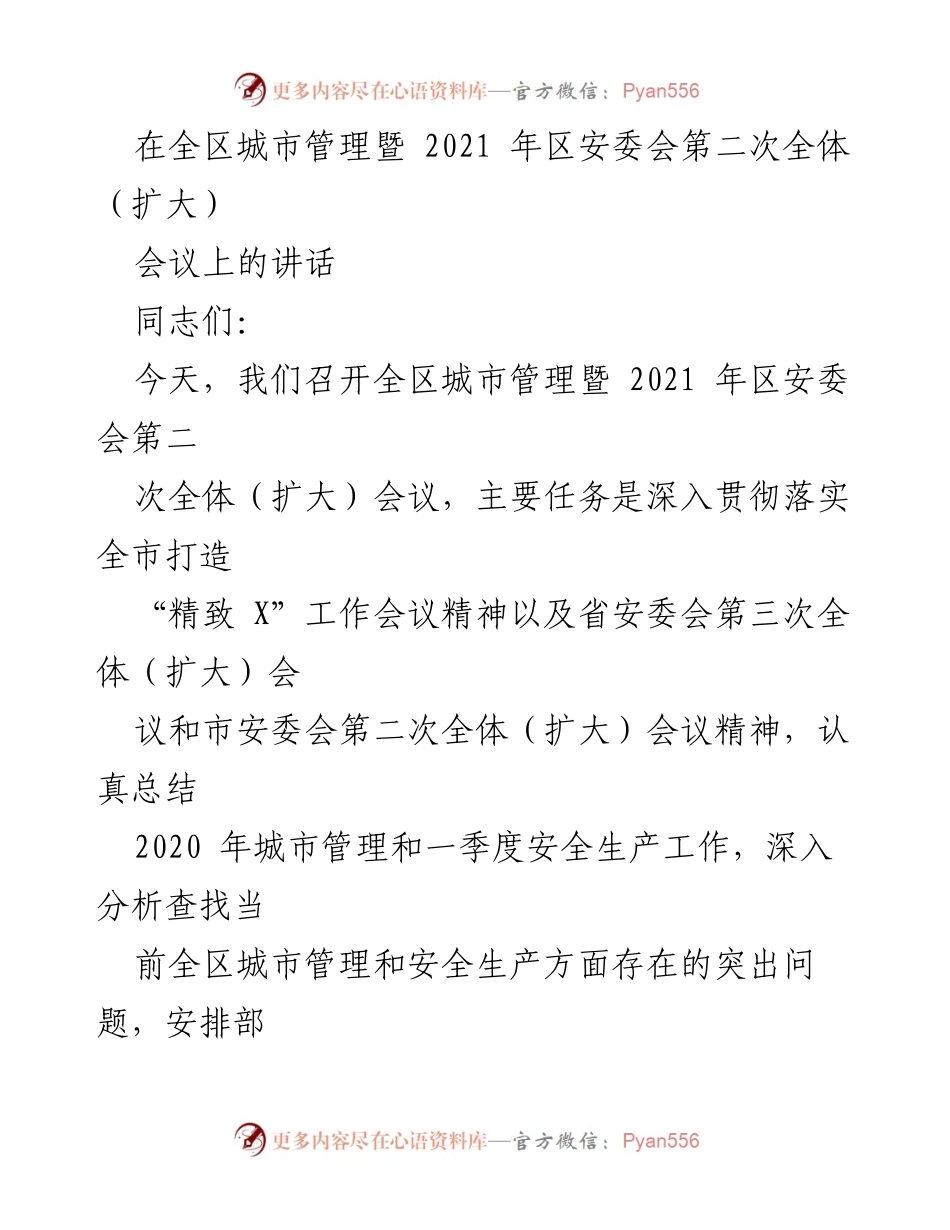 [发言] 全区城市管理暨 2021 年区安委会第二次全体（扩大）会议 - 深入推进城市管理与安全生产，打造精致城市.docx_第1页