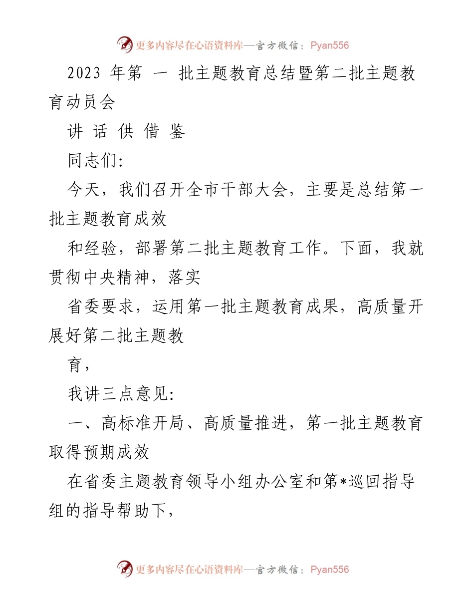 [发言] 全市干部大会 - 2023年第一批主题教育总结与第二批动员部署.docx_第1页