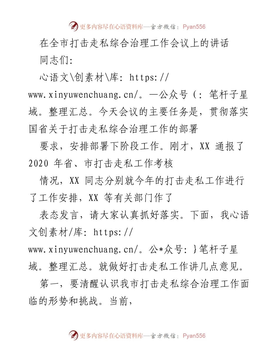 [发言] 全市打击走私综合治理工作会议 - 加强打击走私工作，确保综合治理成效.docx_第1页
