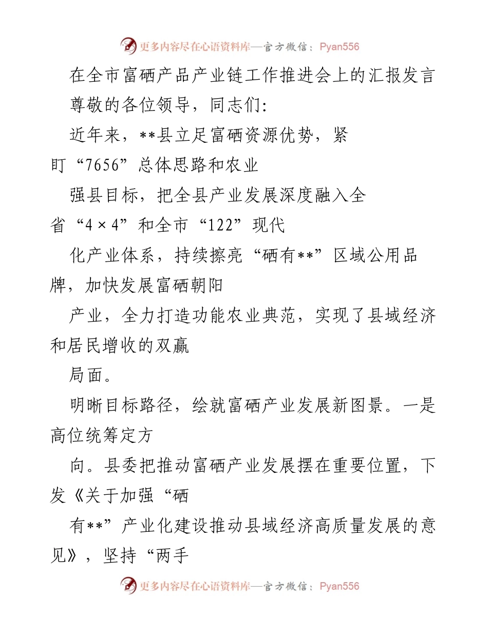 [发言] 全市富硒产品产业链工作推进会 - 加快富硒产业发展，助力县域经济高质量增长.docx_第1页