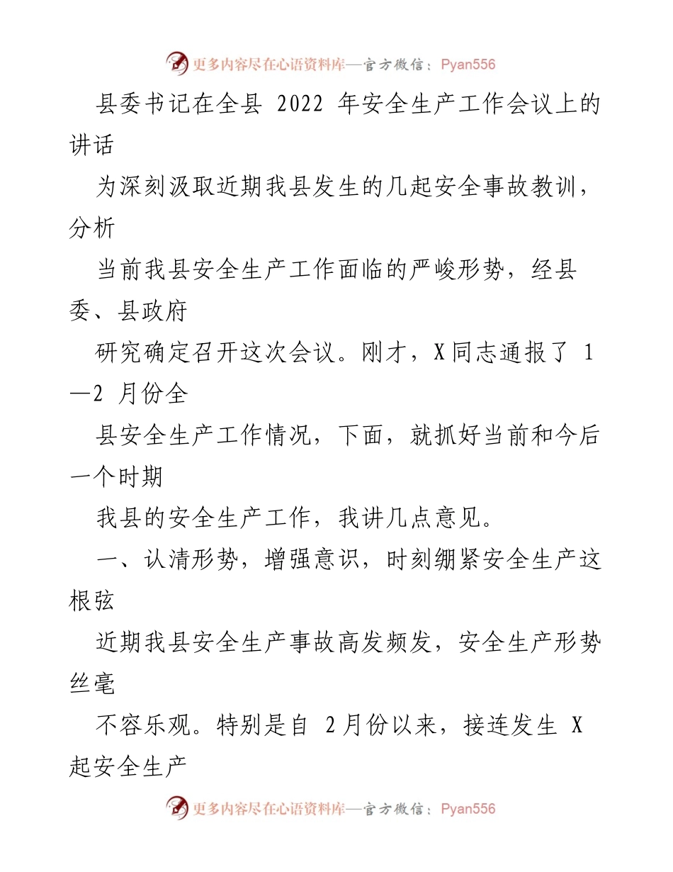 [发言] 全县安全生产工作会议 - 加强安全生产意识，落实责任措施，确保安全稳定.docx_第1页
