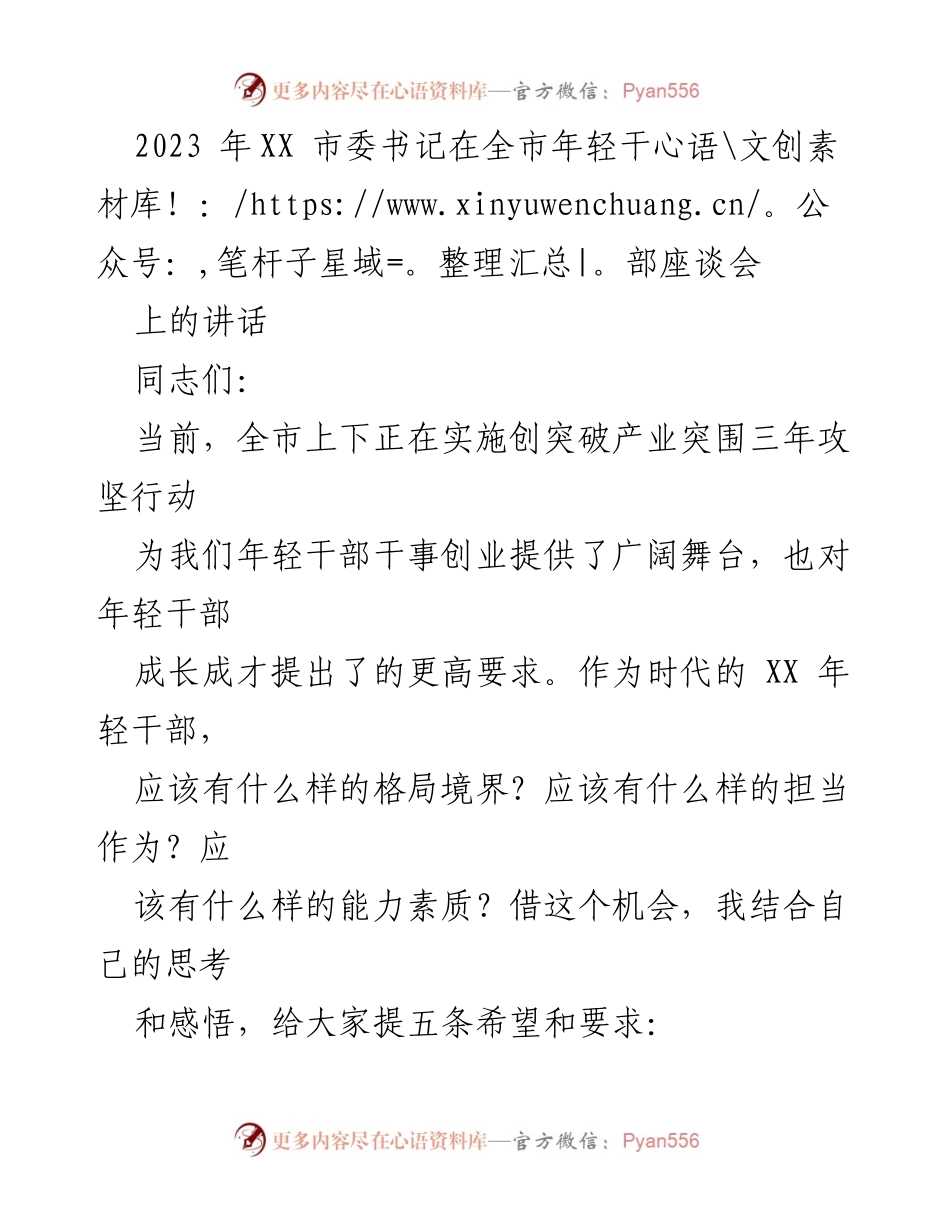 [发言] 全市年轻干部座谈会 - 年轻干部的忠诚与担当：市委书记的五条期望.docx_第1页