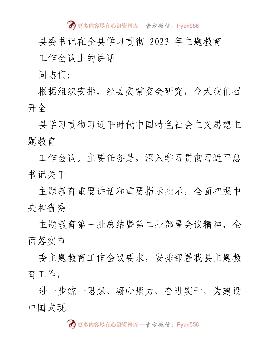 [发言] 全县学习贯彻主题教育工作会议 - 深入学习贯彻习近平新时代中国特色社会主义思想主题教育的重要性.docx_第1页