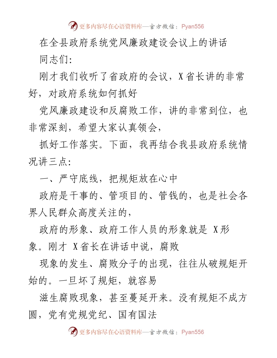 [发言] 全县政府系统党风廉政建设会议 - 加强党风廉政建设，严守规矩与底线.docx_第1页