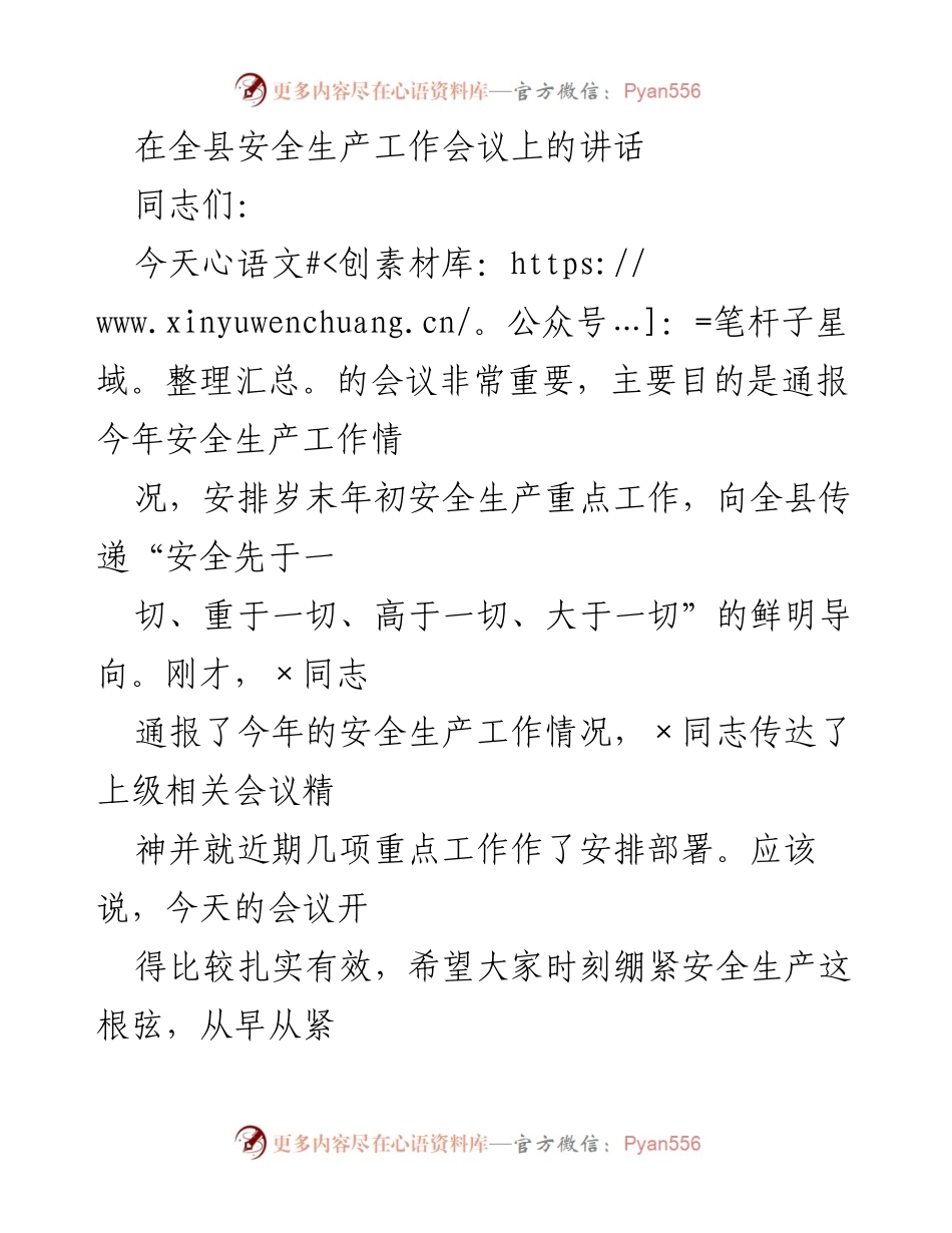[发言] 全县安全生产工作会议 - 强调安全生产的重要性与责任落实.docx_第1页