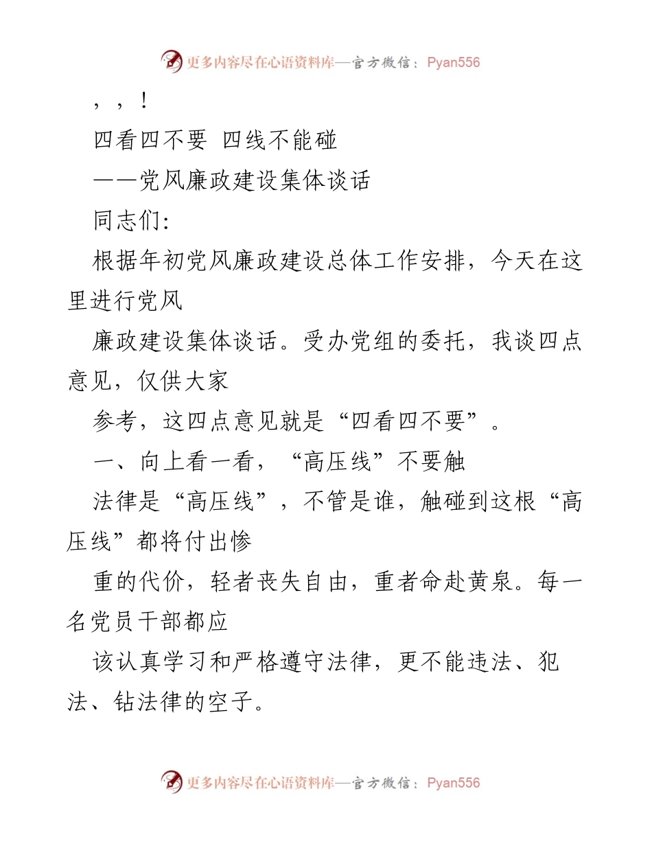 [发言] 党风廉政建设集体谈话：四看四不要的指导原则.docx_第1页