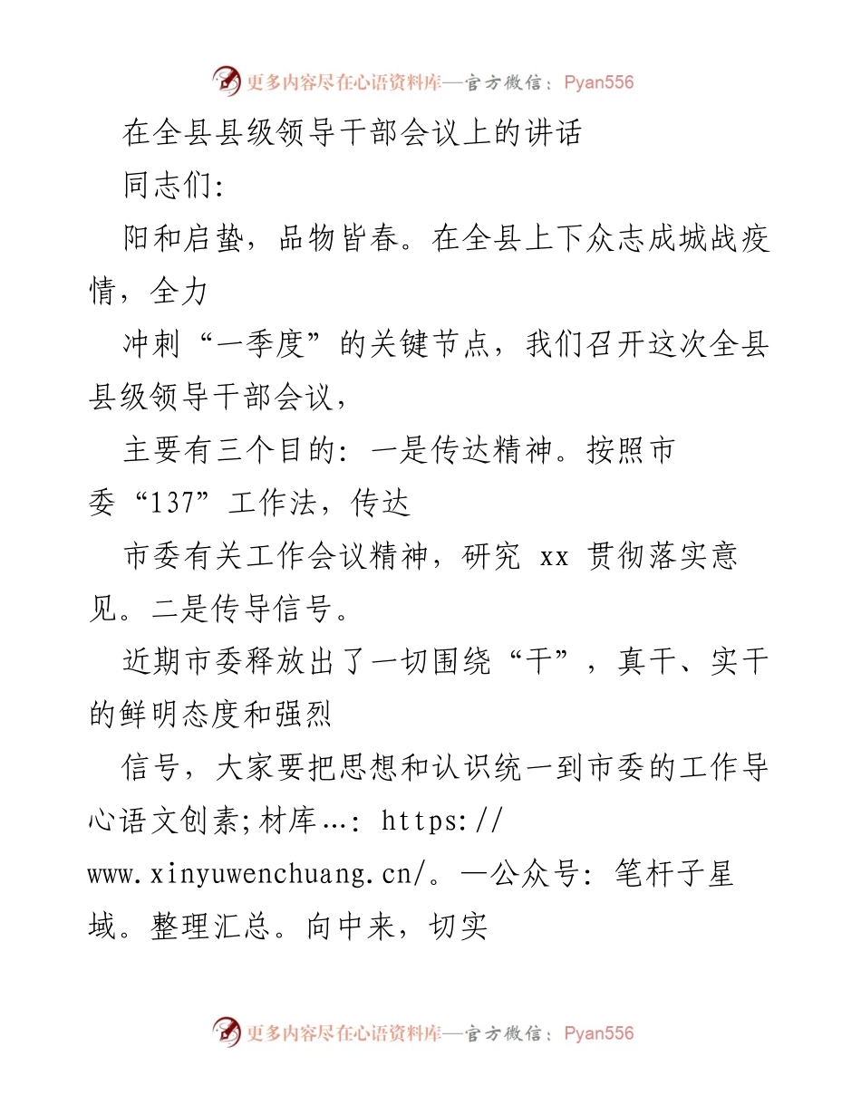 [发言] 全县县级领导干部会议 - 加快落实市委精神，奋力推进疫情防控与经济发展.docx_第1页