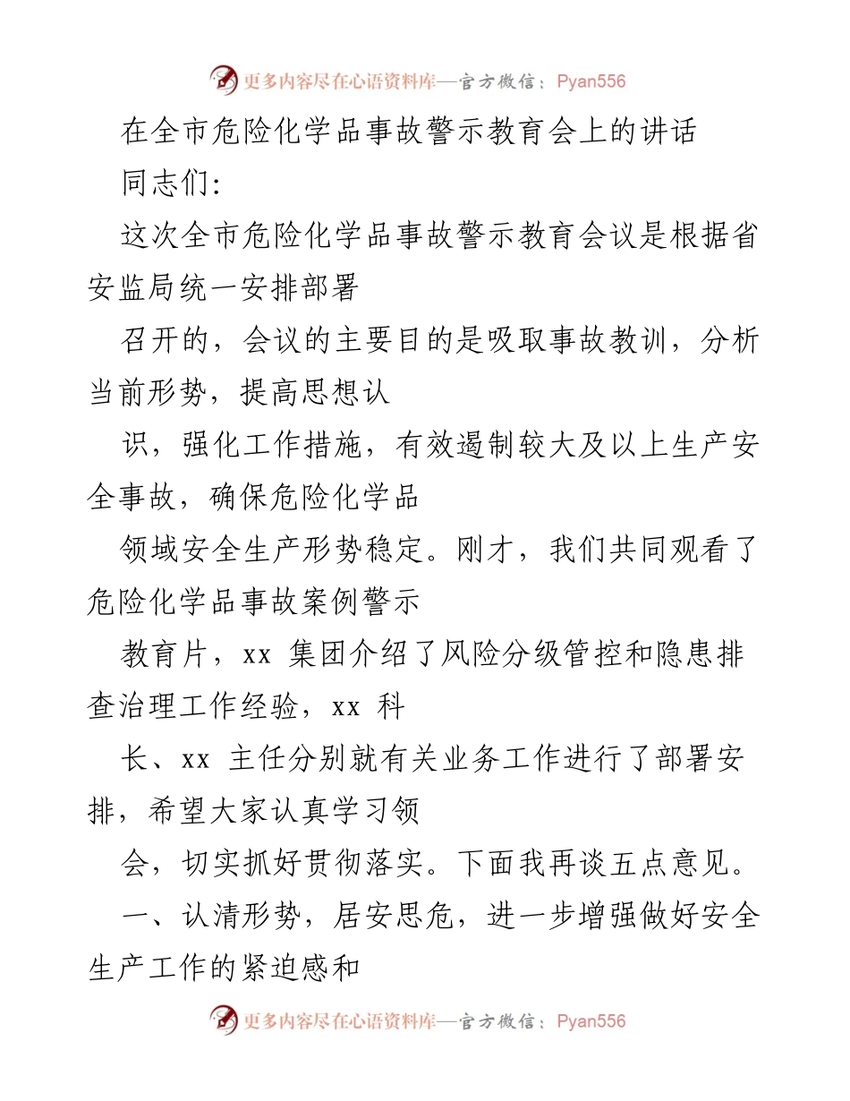 [发言] 全市危险化学品事故警示教育会 - 强化安全生产责任，遏制危险化学品事故.docx_第1页