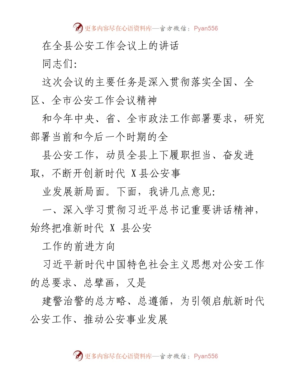 [发言] 全县公安工作会议 - 深入贯彻落实新时代公安工作精神，推动X县公安事业发展新局面.docx_第1页