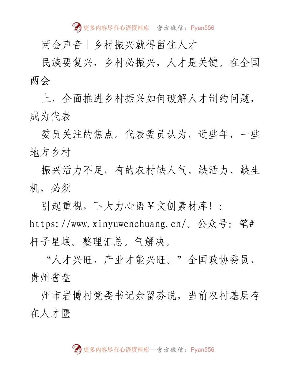 [发言] 全国两会 - 乡村振兴：留住人才的关键策略.docx_第1页