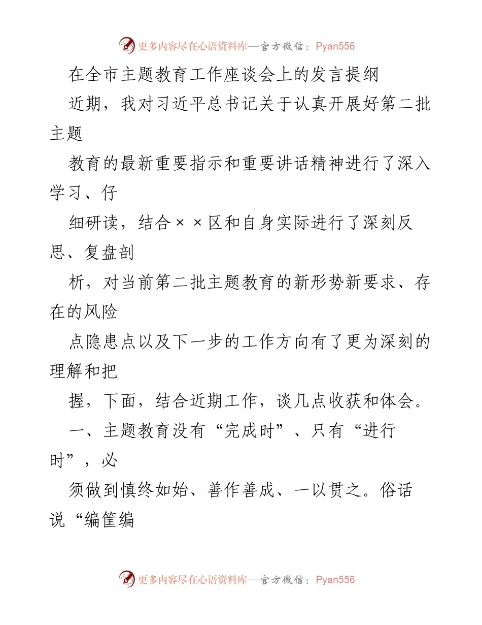 [发言] 全市主题教育工作座谈会 - 深化主题教育，确保善作善成.docx_第1页