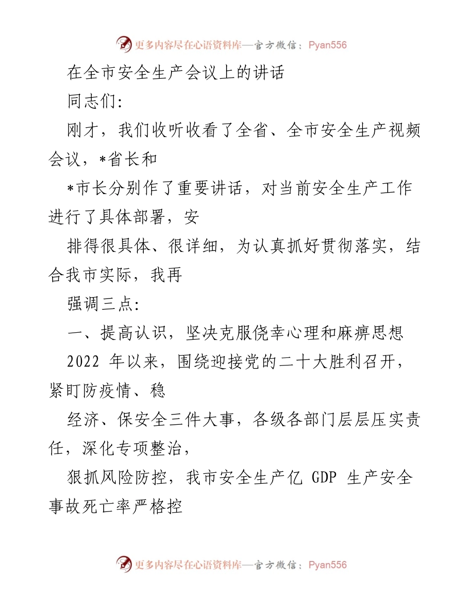 [发言] 全市安全生产会议 - 加强安全生产责任，防范重大事故风险.docx_第1页