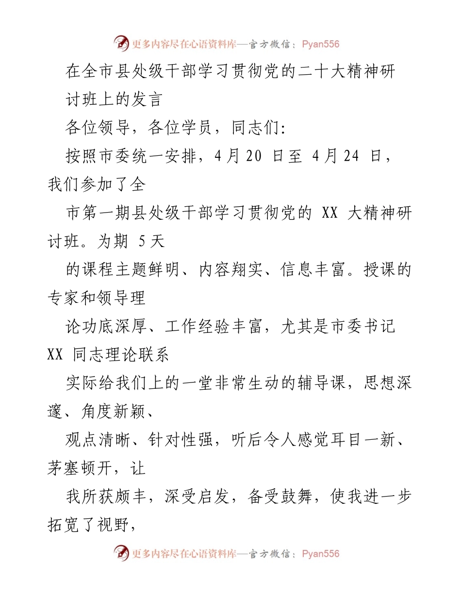 [发言] 全市县处级干部学习贯彻党的二十大精神研讨班 - 深刻领会党的二十大精神，增强履职本领.docx_第1页