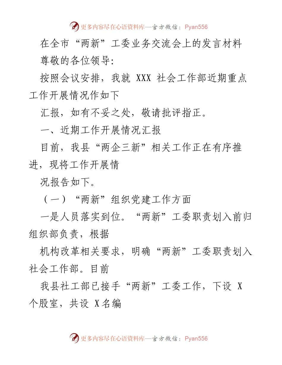 [发言] 全市“两新”工委业务交流会 - “两新”工委工作开展情况汇报.docx_第1页