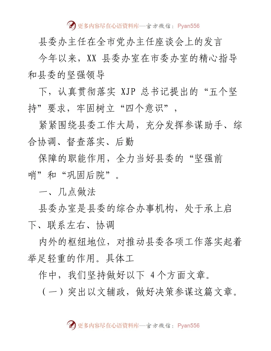[发言] 全市党办主任座谈会 - 县委办室在推动决策落实中的实践与成效.docx_第1页