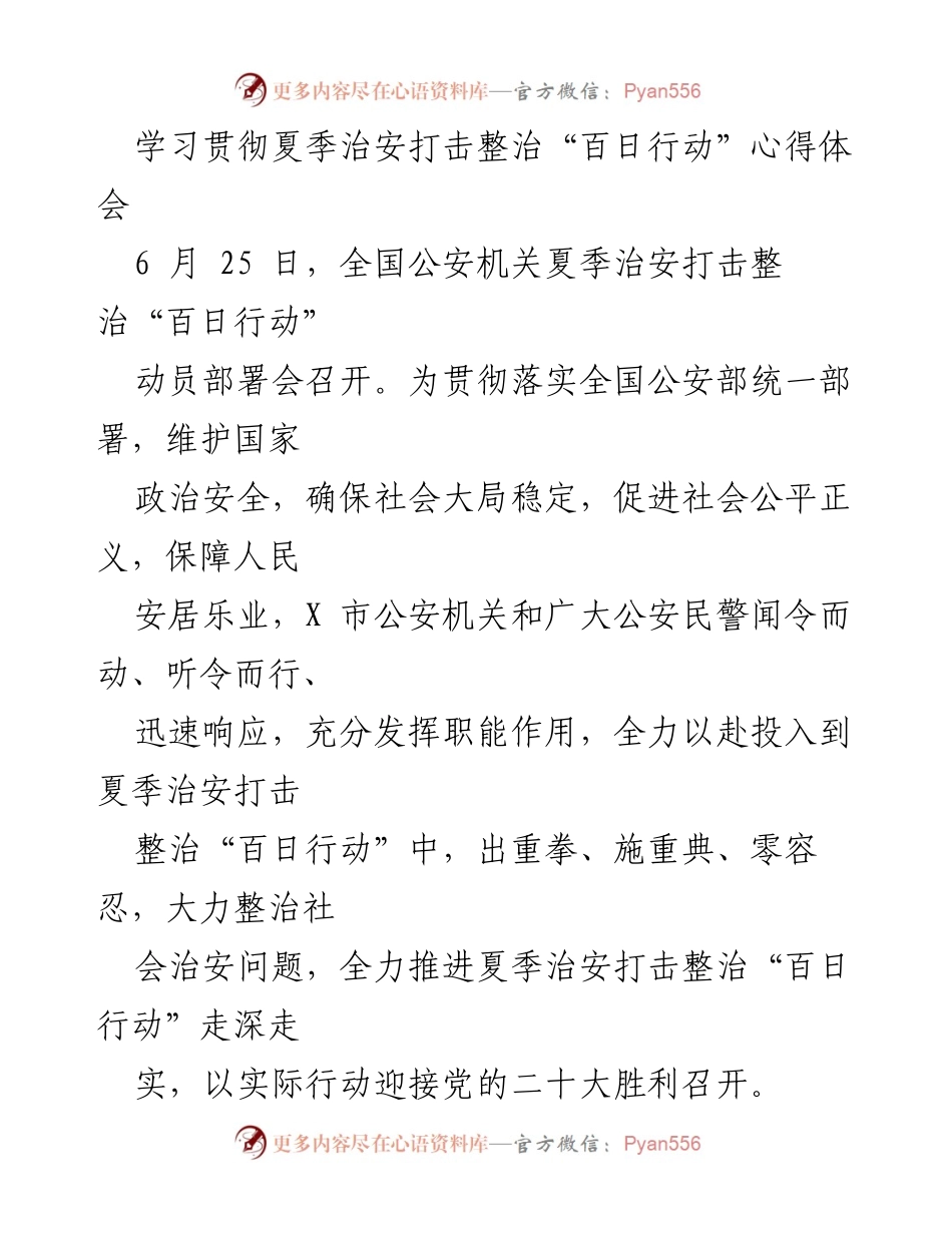 [发言] 全国公安机关动员部署会 - 学习贯彻夏季治安打击整治“百日行动”的心得体会.docx_第1页