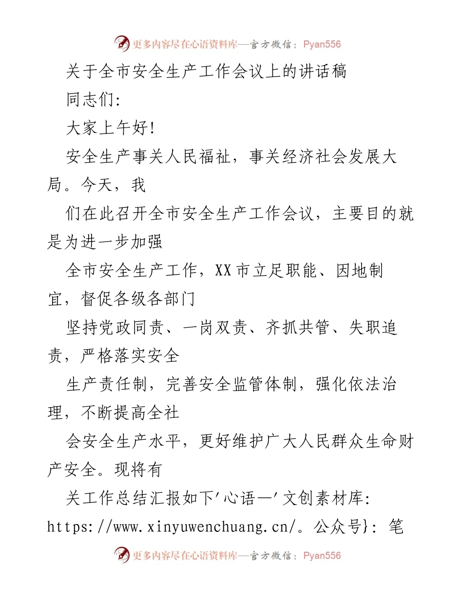 [发言] 全市安全生产工作会议 - 加强安全生产责任落实，提升全市安全水平.docx_第1页
