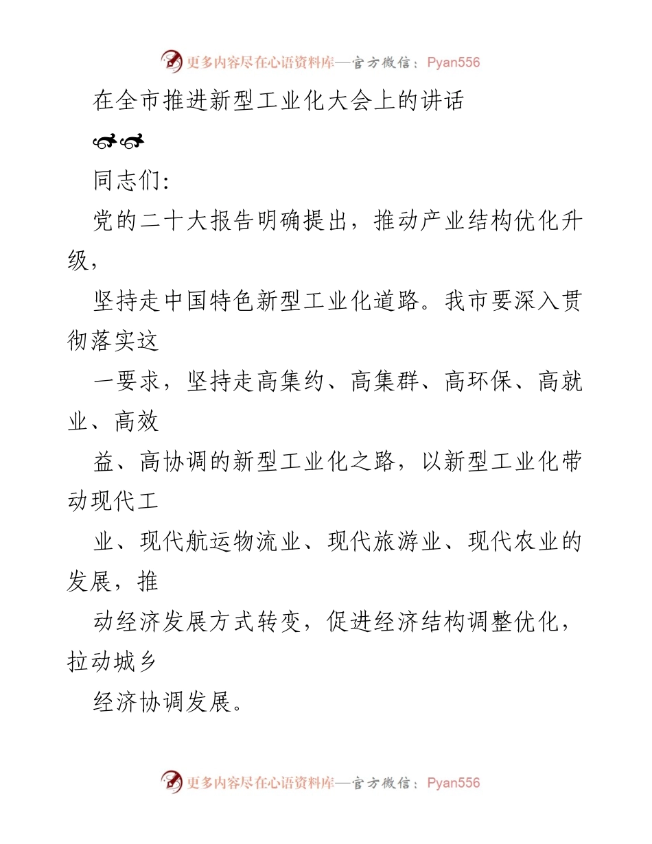 [发言] 全市推进新型工业化大会 - 推动新型工业化，促进经济结构优化与科技创新.docx_第1页