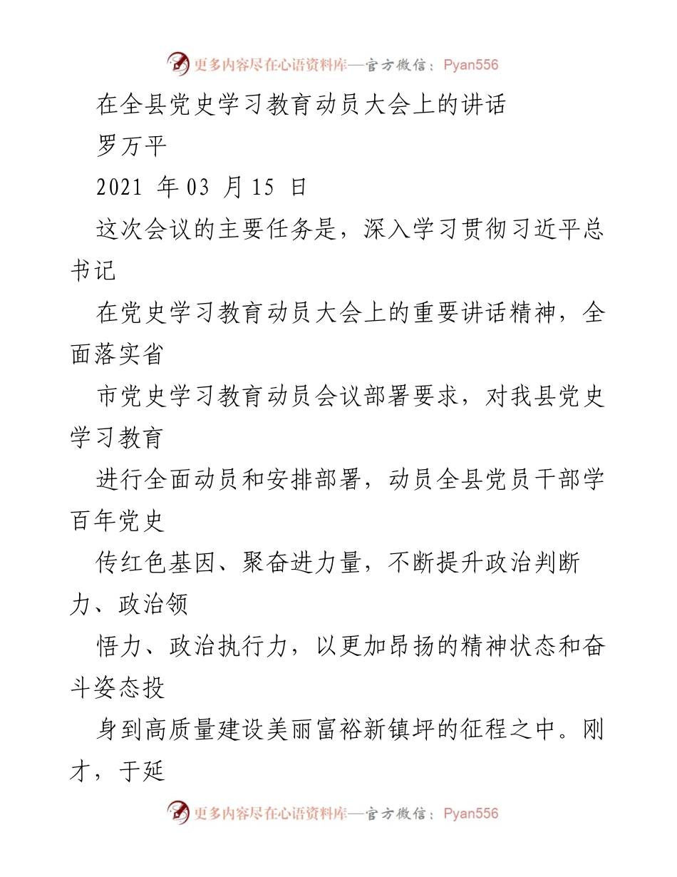 [发言] 全县党史学习教育动员大会 - 深入学习党史，坚定信仰信念.docx_第1页