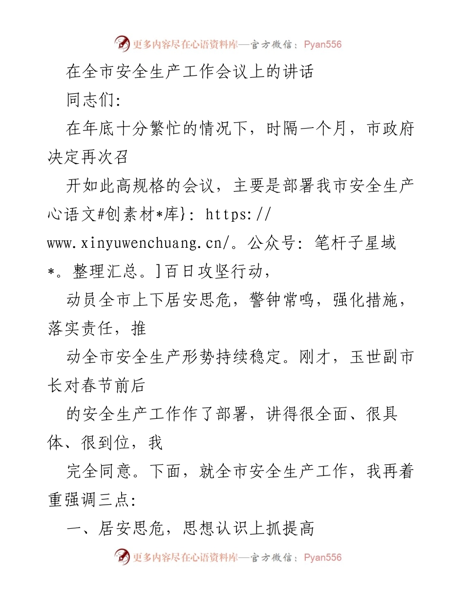 [发言] 全市安全生产工作会议 - 强调安全生产责任与措施落实.docx_第1页