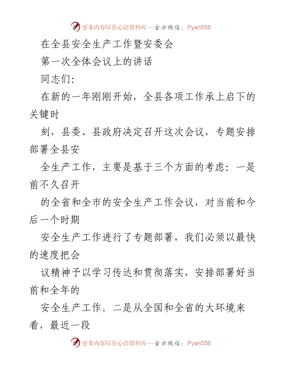 [发言] 全县安全生产工作暨安委会第一次全体会议 - 确保安全生产工作落实的重要讲话.docx_第1页
