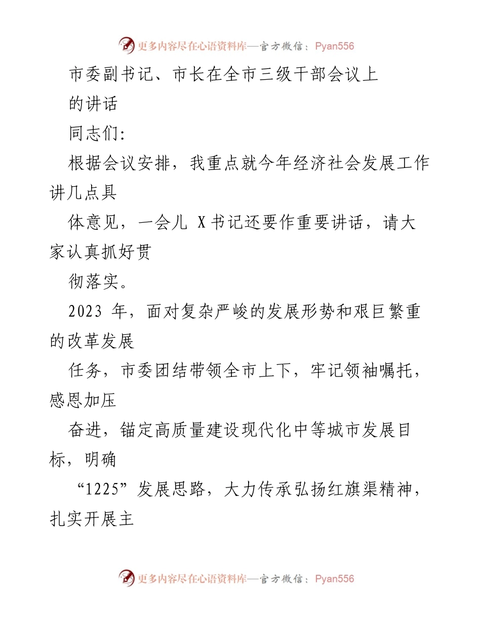 [发言] 全市三级干部会议 - 市委副书记、市长关于2023年经济社会发展工作的讲话.docx_第1页