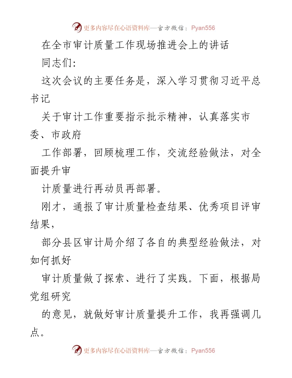 [发言] 全市审计质量工作现场推进会 - 提升审计质量的政治责任与实践指引.docx_第1页