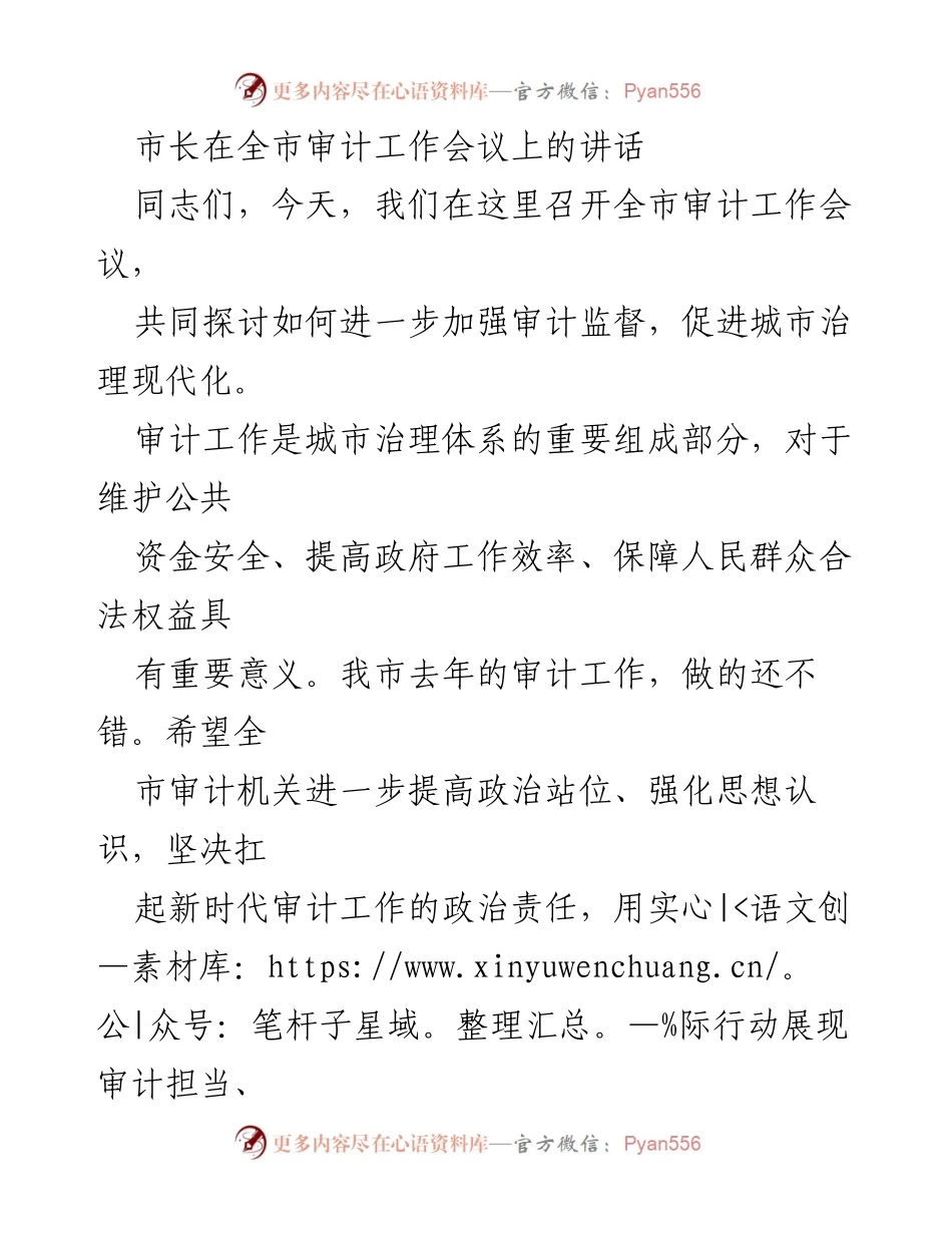 [发言] 全市审计工作会议 - 加强审计监督，促进城市治理现代化.docx_第1页