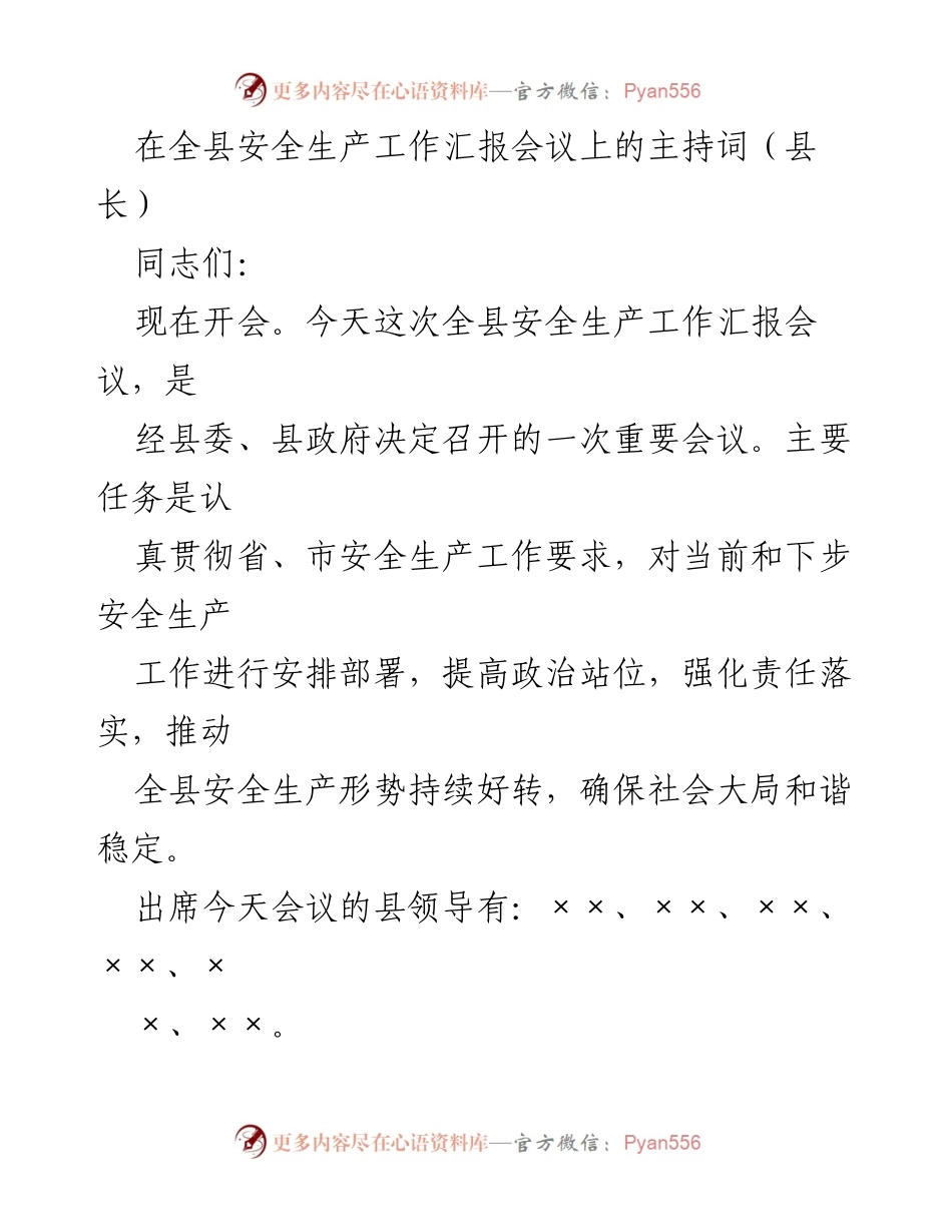 [发言] 全县安全生产工作汇报会议 - 强化安全生产责任，确保社会和谐稳定.docx_第1页